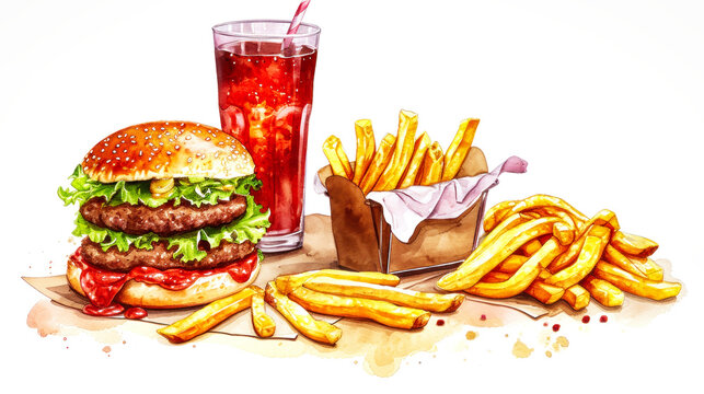 Painting of a Hamburger and Fries With a Drink