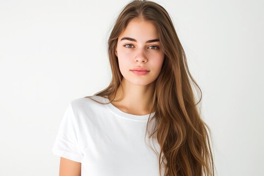 Girl model 18 years old in a white loose t-shirt, front view, white t-shirt mockup, white background photo