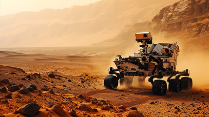 The rover explores the surface of Mars. Mars exploration concept