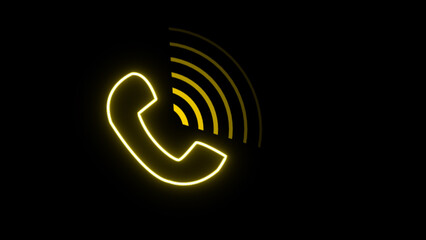 Yellow-colored simple telephone handset and radio wave  icon. 4K purple radio waves icon network concept on black background.