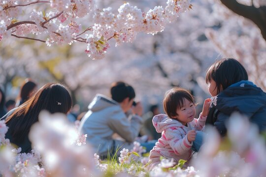 Document a family gathering beneath a canopy of blooming cherry blossoms in a serene park, with children playing amongst the petals, parents snapping photos