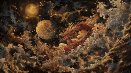 夜空を舞う黄金の龍