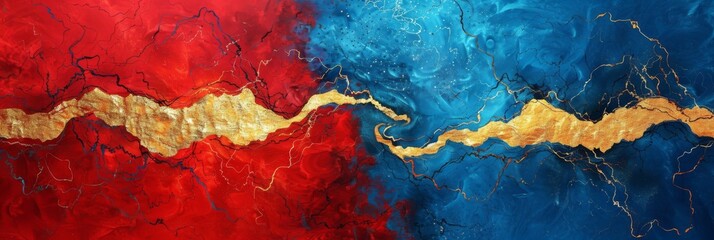 Red and Blue Painting Texture in the Style of Kintsugi - Cosmic Landscape Red and Gold Flowing Forms in Layered Background Texture created with Generative AI Technology