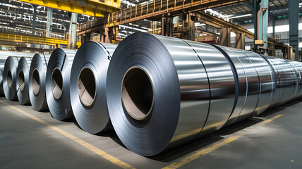 Packed rolls of steel sheet, Cold rolled steel coils in a warehouse - obrazy, fototapety, plakaty