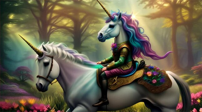 Horse galloping through forest, unicorn in fairy tale