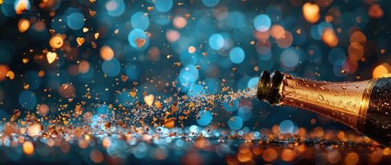 Opened champagne bottle with glitter and confetti. Festive background. top view - obrazy, fototapety, plakaty