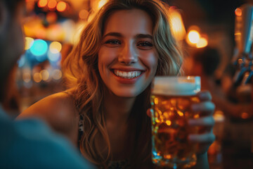 Obraz na płótnie Canvas Friends celebrating at a bar with glasses of beer