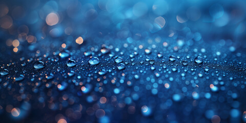Leuchtenden blaue Wassertropfen mit Lichter Bokeh, als Hintergrundmotiv für Webdesign, ai generativ - obrazy, fototapety, plakaty