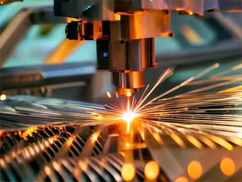 Sparks fly in the industrial setting as machines cut metal with laser precision is operating.