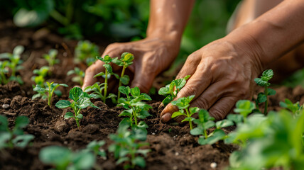 Close-up of gardener's hands nurturing young green seedlings in fertile soil, a symbol of growth and sustainable agriculture.