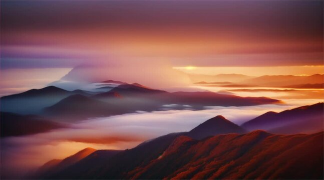 Golden horizon: A stunning evening view with the sun setting on mountains, painting the sky with hues of red, orange, and yellow, creating a beautiful cloudscape