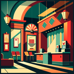 A vintage-style movie theater lobby with posters and concessions. vektor illustation