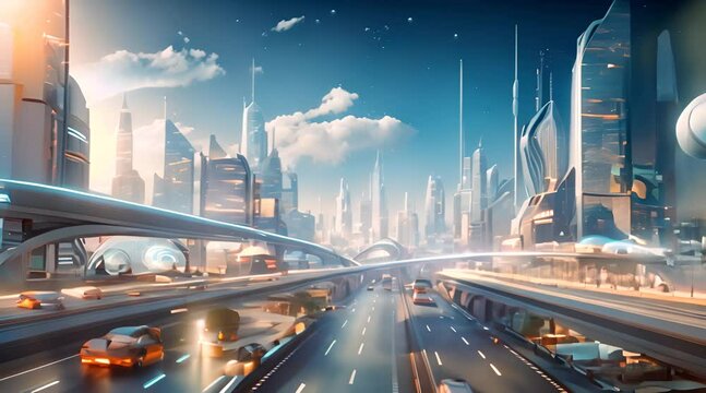 view of future city buildings and vehicles