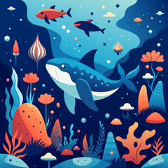 Whimsical underwater scenes teeming with marine life and corals. vektor illustation