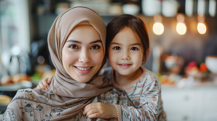 Smilling mom wear hijab and child enjoy love relation cudding hobby moment in kitchen sunday morning at home. - obrazy, fototapety, plakaty