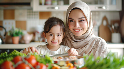 Smilling mom wear hijab and child enjoy love relation cudding hobby moment in kitchen sunday morning at home. - obrazy, fototapety, plakaty