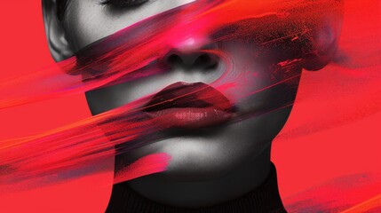 Edgy and modern layout of high end fashion shoot in combination with elements of modern graphic design. Graphic strokes of paint on the model's face. Bright neon colors

