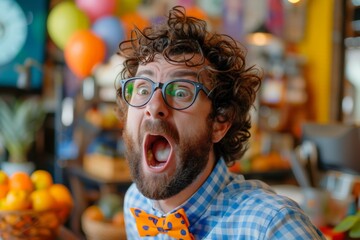 Shocked Curly-Haired Man with Glasses in Vibrant Room