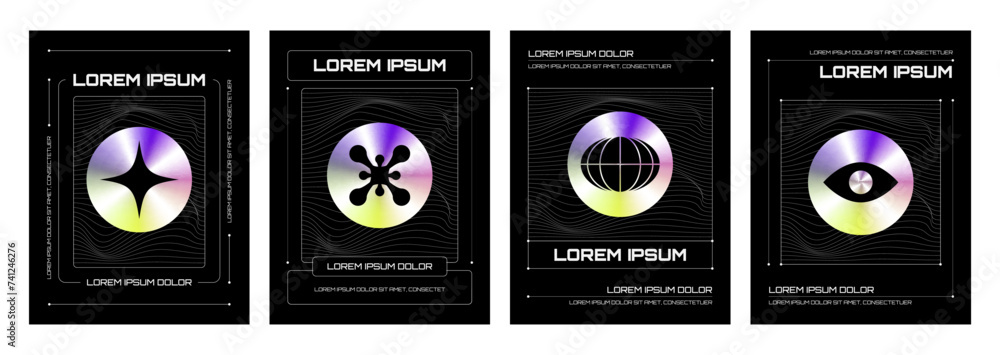 Fototapete Poster design template in y2k style. Vector set of simple banner and card layout with abstract wireframe liquid pattern and abstract geometric shape sticker with hologram gradient effect element.