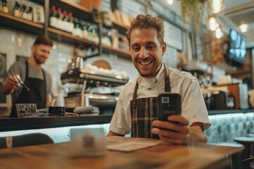 Happy beautiful waiter having fun while talking to his guests scan QR code with smartphone in a coffee shop - obrazy, fototapety, plakaty