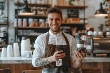 Fototapeta premium Happy beautiful waiter having fun while talking to his guests scan QR code with smartphone in a coffee shop