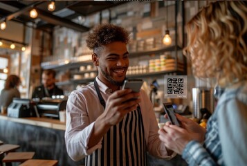 Happy beautiful waiter having fun while talking to his guests scan QR code with smartphone in a coffee shop - obrazy, fototapety, plakaty