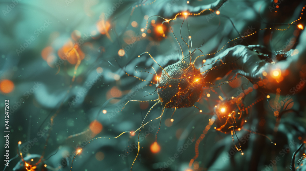 Poster nano ai robots working with neurons to enhance the brain and nervous system performance, futuristic 