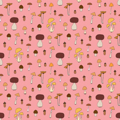 Seamless minimalistic pattern with colored mushrooms in doodle style. Elements with black line. Natural texture. Changeable light-red background. Hand draw pattern with abstract mushrooms.