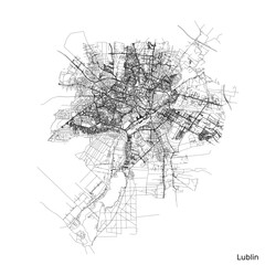 Lublin city map with roads and streets, Poland. Vector outline illustration.