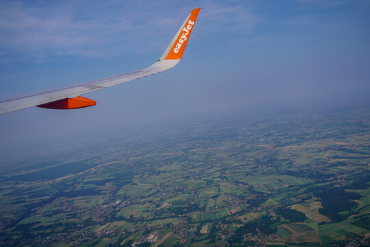 Warsaw Poland 2 june 2023 : Easyjet low cost flight company , view of the plane wing from the window