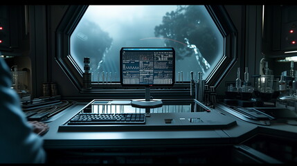 Futuristic spaceship laboratory interior with a window view on planet in distant future with, metal and blue, realistic 