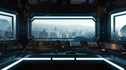 Futuristic spaceship interior with a window view on planet in distant future, metal and blue, realistic 
