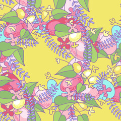 Seamless Easter pattern - eggs, flowers and leaves on a yellow background. Half-brick repeat, seasonal printing