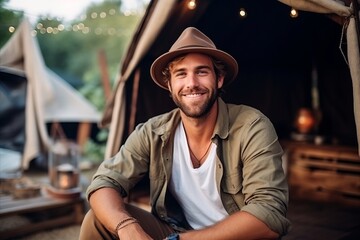 Portrait of a smiling young man sitting in front of his tent