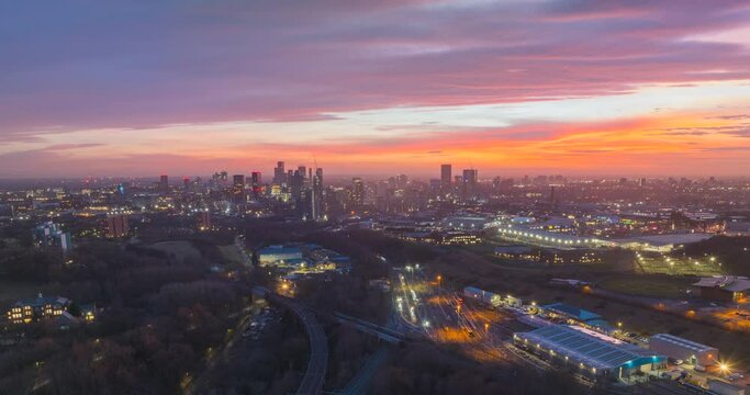 Aerial hyper lapse video of Manchester skyline at dusk