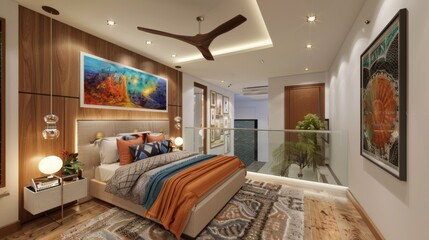 A bedroom with a bed and a ceiling fan - Powered by Adobe