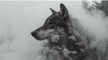 A black and white photo of a wolf in the fog