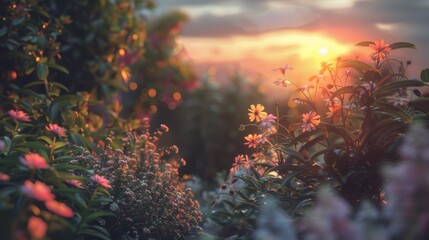 The sun is setting over a field of flowers - Powered by Adobe