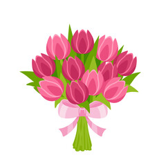 Bouquet of pink tulips with bow isolated on white background. Vector cartoon flat illustration of beautiful spring flowers. Floral icon.
