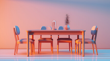A set of chairs and a table ,Monochrome  dinner table on orange background 3d rendering
