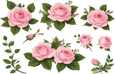  Pink Rose & Green Leaves Wedding Collection.Captivating Floral Branch Set for Greeting Cards.Vector Arrangements for Wedding Invites