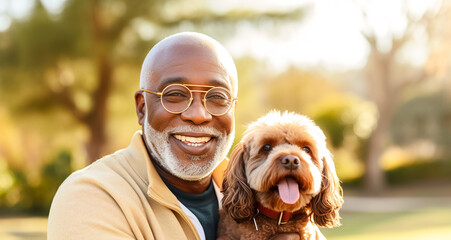 Portrait of happy senior african american man in eyeglasses with dog in park.

 - obrazy, fototapety, plakaty