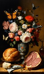 vanitas still-life flowers butterflies ham meat bread 17th century style
