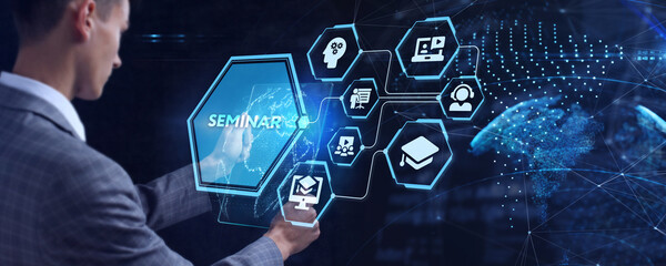 Business, Technology, Internet and network concept. Webinar e-learning. Training concept. 3d...