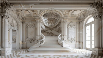 Obraz premium ornate staircase at luxury Victorian villa, daylight, architecture, white interior, realistic