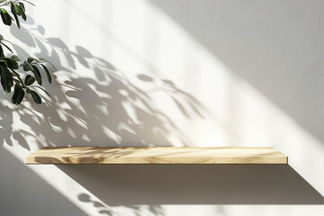 Empty Minimal Natural Wooden Table Counter Podium with Beautiful Wood Grain in Sunlight and Shadow on White Wall for Luxury Cosmetic Skincare Beauty Treatment Decoration Product Display Background