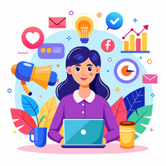 Social Media Marketing Illustration: Businesswoman Engaging in Dynamic Business Activities, Woman Leading a Marketing Project, Driving Success with Vision and Strategy - Business Vector Illustration