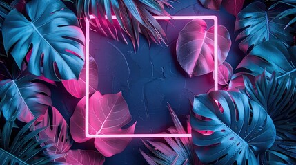  Black Background with Neon Rectangle Frame and Monstera Leaves, Generative AI
