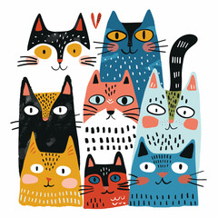 Cute cats collection on white background. Colorful graphic cats