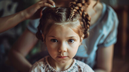Mother is making braids on little daughters.